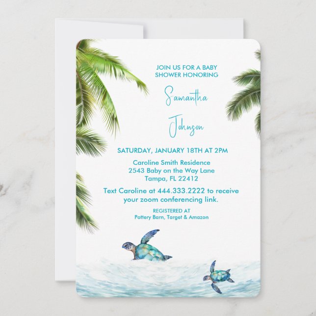 Türkisblaue Turtle Tropical Baby Dusche Einladung (Vorderseite)