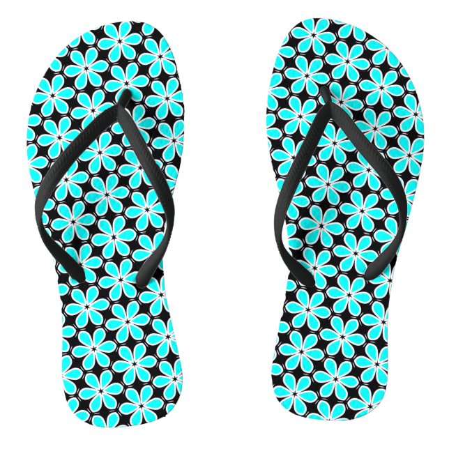 Türkisblaue und schwarze Blumenmuster Flip Flops (Fußbett)