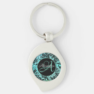 Türkisblaue und schwarze Floral Monogramm Schlüsselanhänger