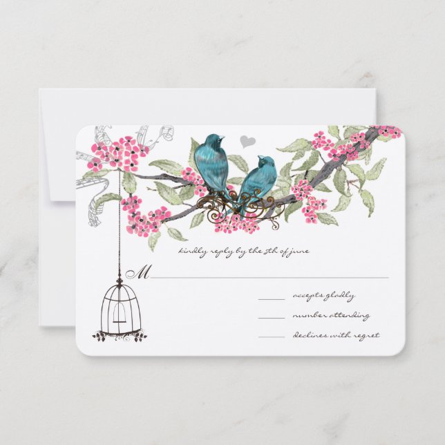 Türkisblaue Vögel Rosa Kirschblüten Birdcchage RSVP Karte (Vorderseite)