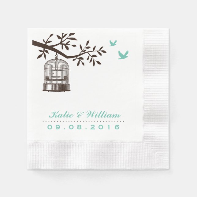 Türkisblaue Vogelkäfige Hochzeitspapier Napkin Serviette (Vorderseite)