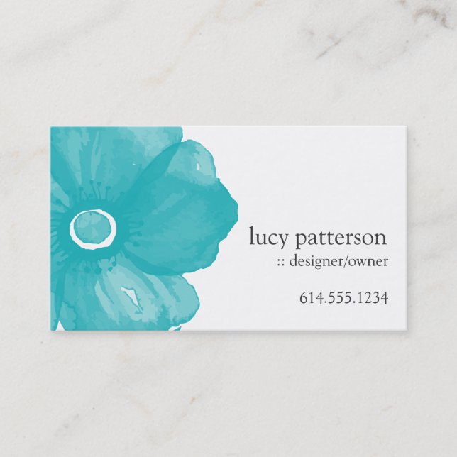 Türkisblaue Wasserfarben Blume Business Cards Visitenkarte (Vorderseite)