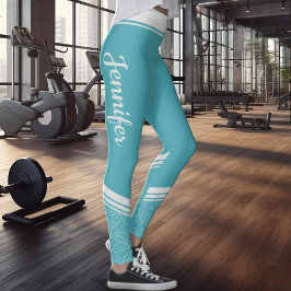 Türkisblaue, weiße Streifen & Name Moderne Leggings