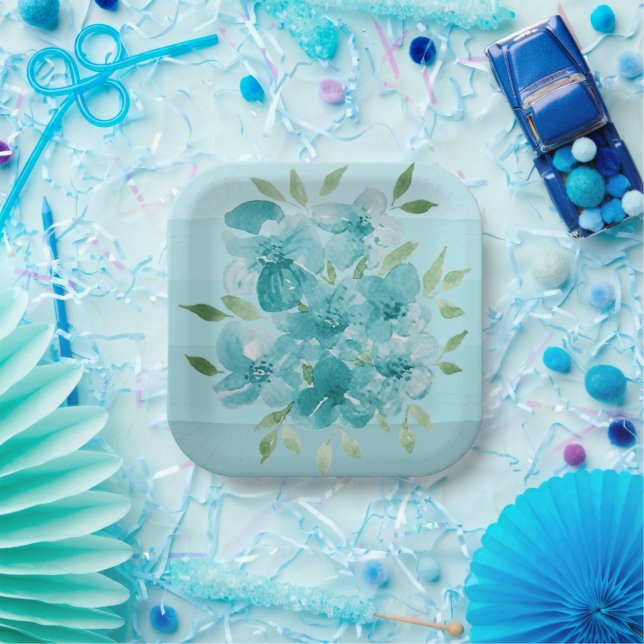 Türkisblaue Wildblumen Wasserfarbe Pappteller (Party)
