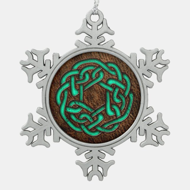 Türkisblaue Zellige-Knoten auf Lederkunst Schneeflocken Zinn-Ornament (Vorderseite)