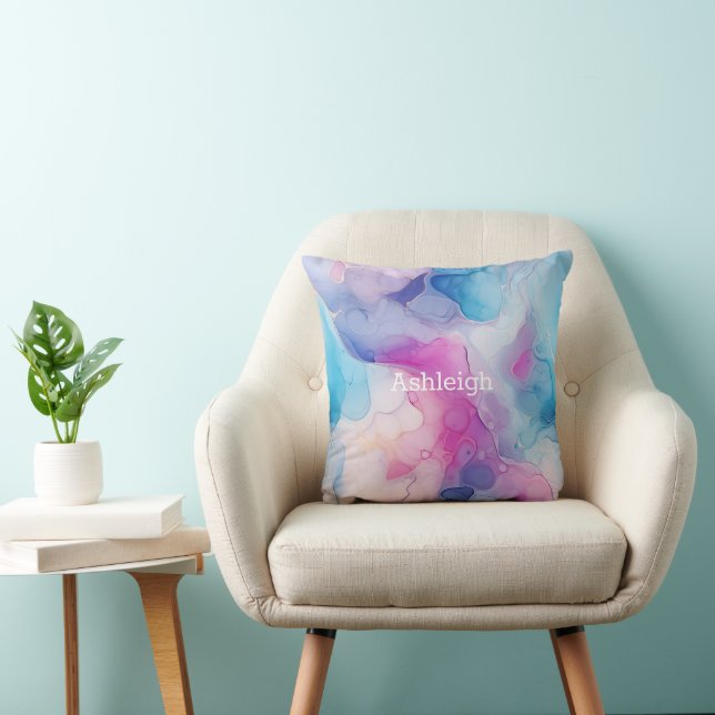 Türkisblaues Aqua Lila rosa Marmor Kissen (Stuhl )