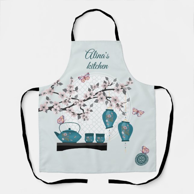 Türkisblaues asiatisches Set Schmetterlinge in Blü Schürze (Vorderseite)