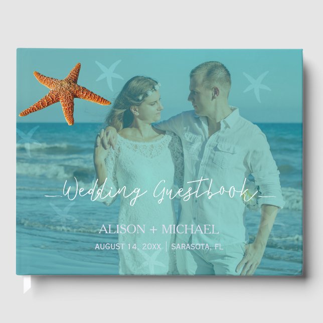 Türkisblaues Foto für Hochzeiten am Strand Gästebuch (Vorderseite)