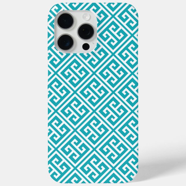 Türkisblaues griechisches Schlüsselmuster iPhone 15 Pro Max Hülle (Rückseite)