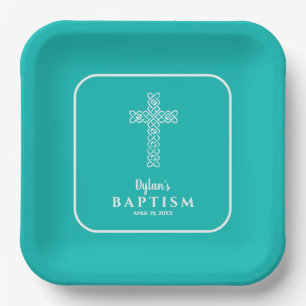 Türkisblaues Kreuz Taufe Christening Pappteller