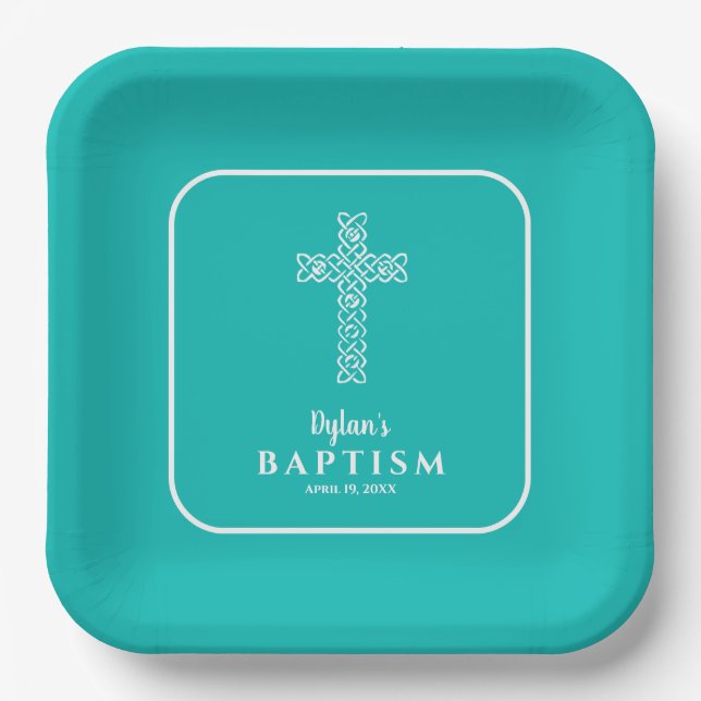 Türkisblaues Kreuz Taufe Christening Pappteller (Vorderseite)