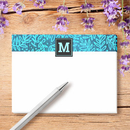 Türkisblaues Monogramm-Blattmuster, modern Post-it Klebezettel