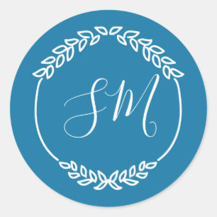 Türkisblaues weißes Leaf-Wreath-Monogramm-Hochzeit Runder Aufkleber