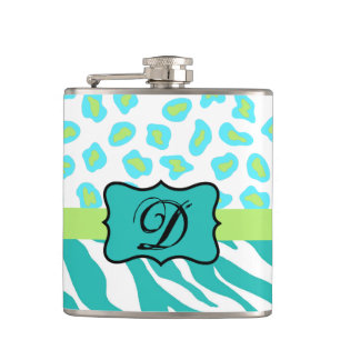 Türkisblaues Weißes Zebra Leopard-Monogramm Flachmann