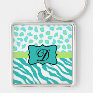 Türkisblaues Weißes Zebra Leopard-Monogramm Schlüsselanhänger