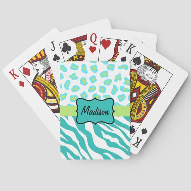 Türkisblaues Weißes Zebra Leopard-Monogramm Spielkarten (Rückseite)