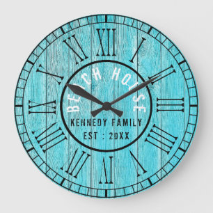 Türkisblaues Wood Beach House Schwarzes römische Große Wanduhr