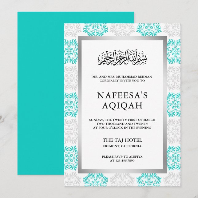 Türkisblume Damaskus Islamische Aqiqah Zeremonie Einladung (Vorne/Hinten)
