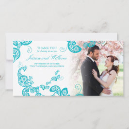 Türkisblume Pfau Elegantes Foto Hochzeit Dankeskarte