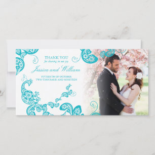 Türkisblume Pfau Elegantes Foto Hochzeit Dankeskarte