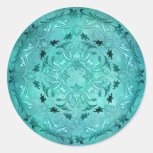 Türkisblütengrunge mandala runder aufkleber