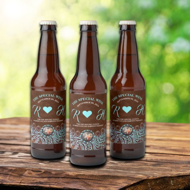 Türkisbraun Cowboy Western Hochzeit Bierflaschenetikett (turquoise brown cowboy country western wedding beer bottle label)