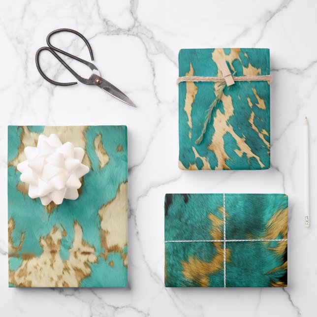 Türkisbraun Creme Animal Cowhide Western Geschenkpapier Set (Vorderseite)