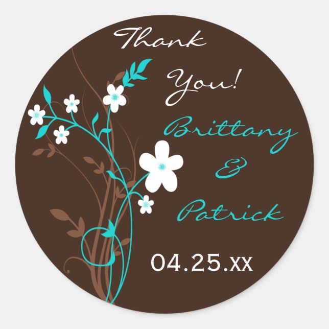 Türkisbraun-Weiße Blüte 1,5" Hochzeitsaufkleber Runder Aufkleber (Vorderseite)