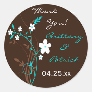 Türkisbraun-Weiße Blüte 1,5" Hochzeitsaufkleber Runder Aufkleber