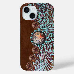 Türkisbraun Western aus lackiertem Leder iPhone 15 Hülle