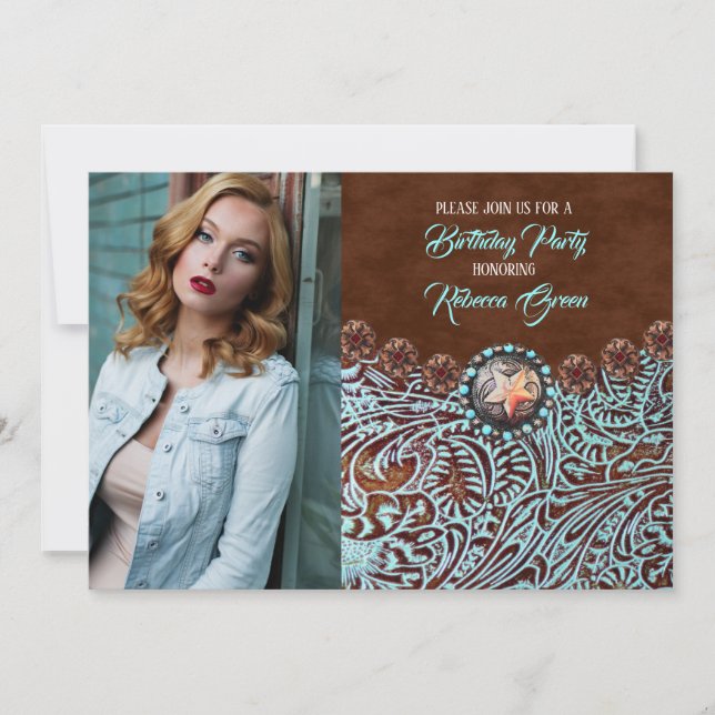 Türkisbraun Western Geburtstagsparty Einladung (Vorderseite)