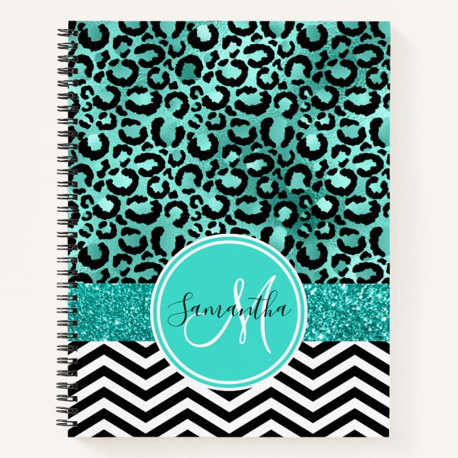 Türkisch Aquamarine Imitate Glitzer Leopard Print  Notizbuch (Vorderseite)