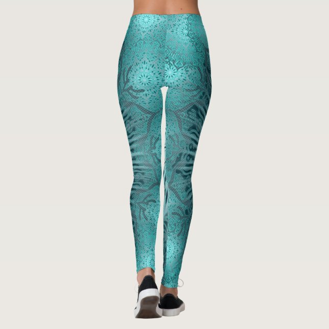 Türkisch-türkisfarbene Mandala Blume Yoga Leggings (Rückseite)