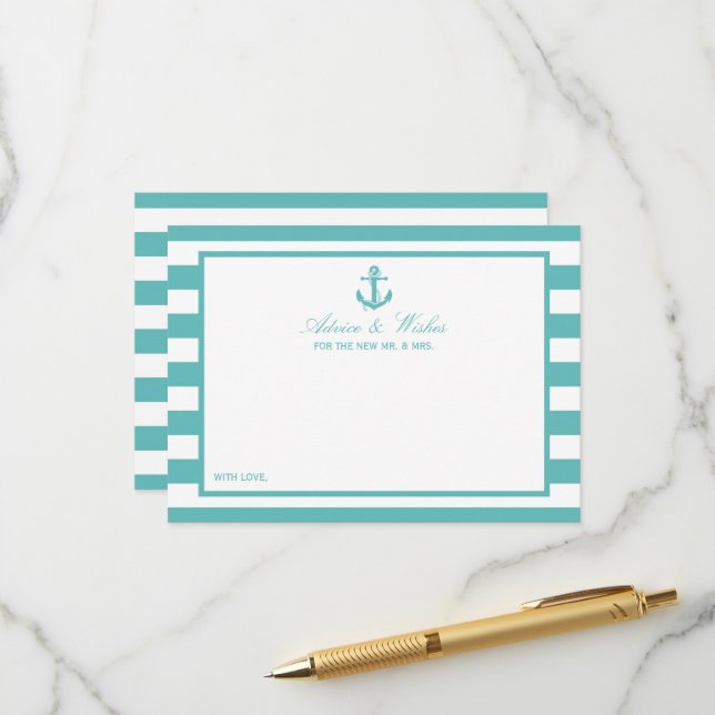 Türkisch-türkisfarbene Stripe Anchor Hochzeit Hinweiskarte (Vorderseite/Rückseite Beispiel)