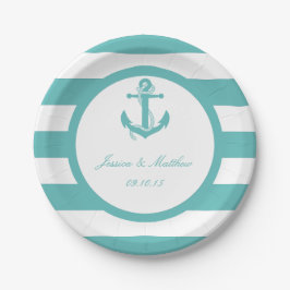 Türkisch-türkisfarbene Stripe Anchor Hochzeit Pappteller