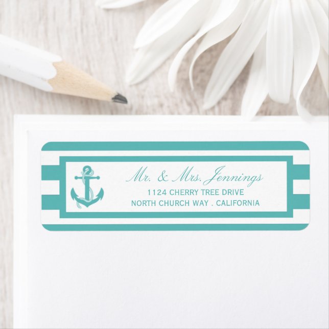 Türkisch-türkisfarbene Stripe Anchor Hochzeitstemp (Insitu)