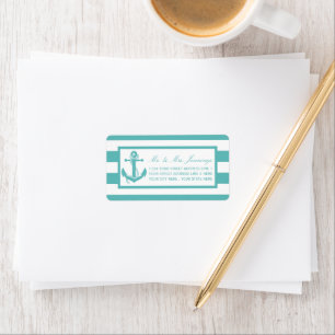 Türkisch-türkisfarbene Stripe Anchor Hochzeitstemp Adressaufkleber