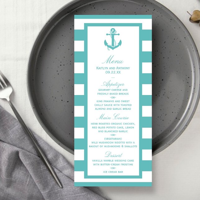 Türkisch-türkisfarbene Stripe Anchor Wedding Menu Menükarte (Von Creator hochgeladen)