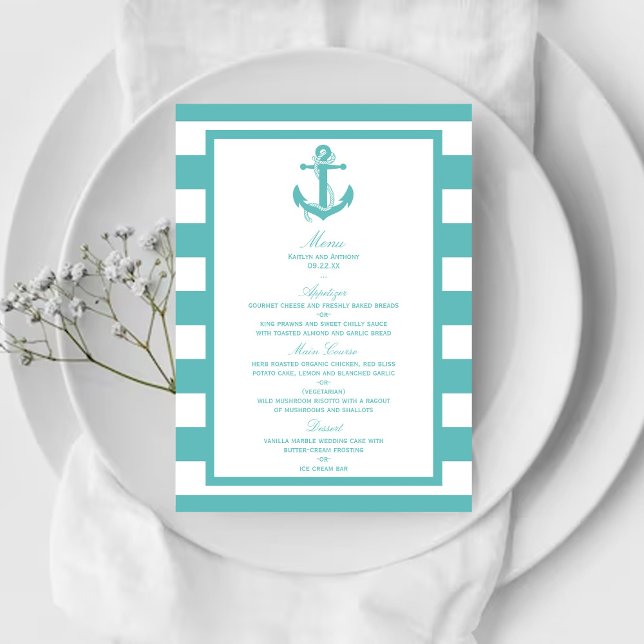 Türkisch-türkisfarbene Stripe Anchor Wedding Menu Menükarte (Von Creator hochgeladen)
