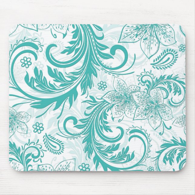 Türkisch-weißes Retro-Blume und Wirbel Mousepad (Vorne)