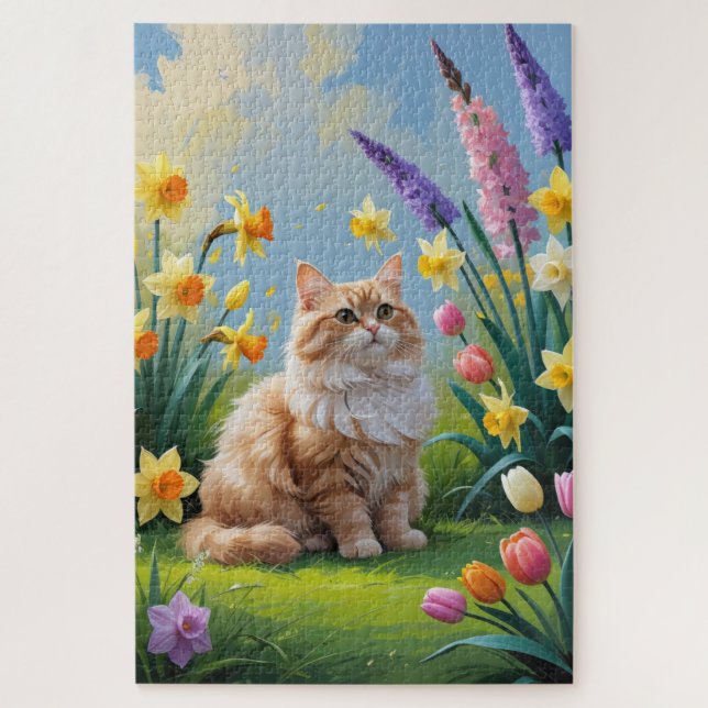 Türkische Angora Katze Frühlingsblumen Malerei (Vertikal)