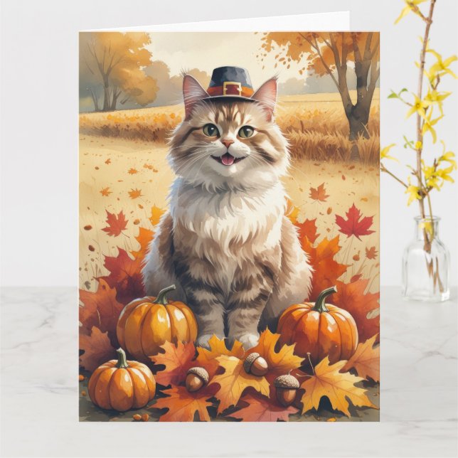 Türkische Angora Katze Herbst Erntedank Art Karte (Gelbe Blume)