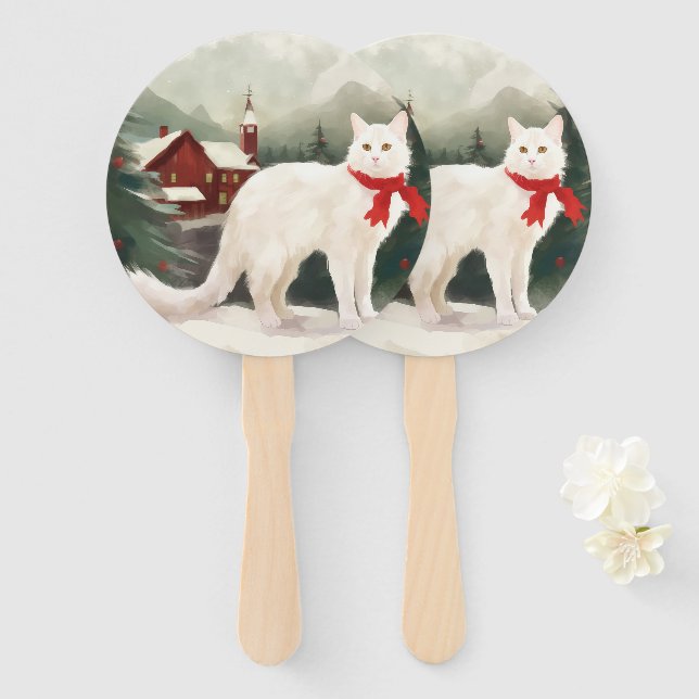 Türkische Angora Katze im Schnee Weihnachten Fächer (Vorne und Hinten)