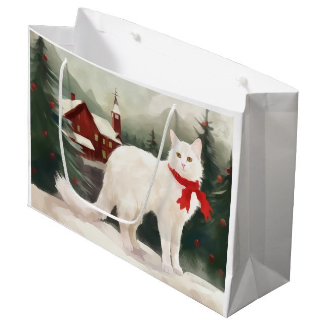 Türkische Angora Katze im Schnee Weihnachten Große Geschenktüte (Vorderseite Schrägansicht)