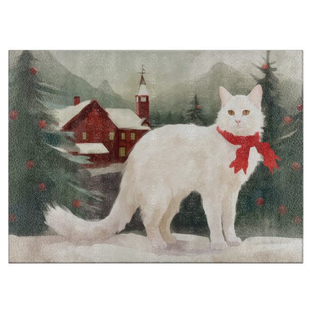 Türkische Angora Katze im Schnee Weihnachten Schneidebrett (Vorderseite)