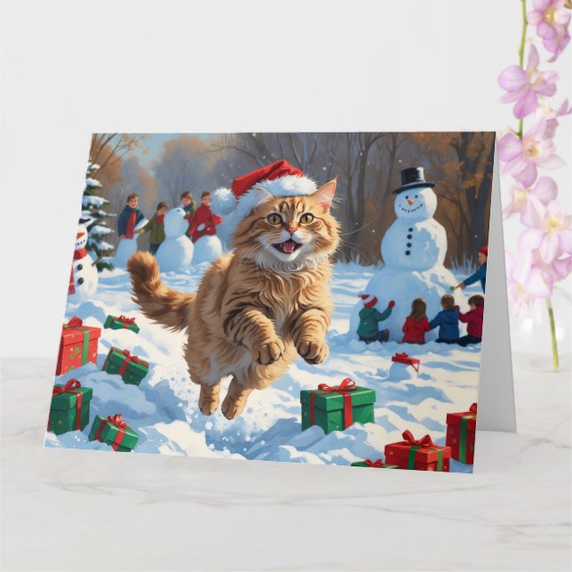 Türkische Angora Katze läuft in Schnee Weihnachtsh Karte (Orchidee)