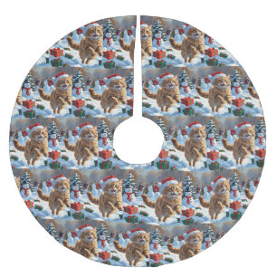 Türkische Angora-Katze läuft in Schnee-Weihnachtsm Polyester Weihnachtsbaumdecke