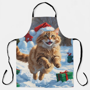 Türkische Angora-Katze läuft in Schnee-Weihnachtsm Schürze