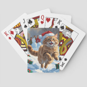 Türkische Angora-Katze läuft in Schnee-Weihnachtsm Spielkarten