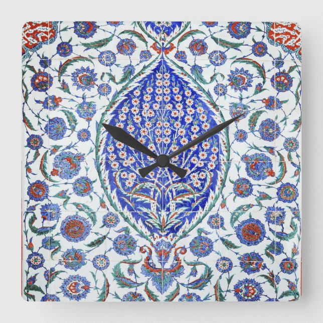 Türkische Blumenfliesen Quadratische Wanduhr (Vorderseite)